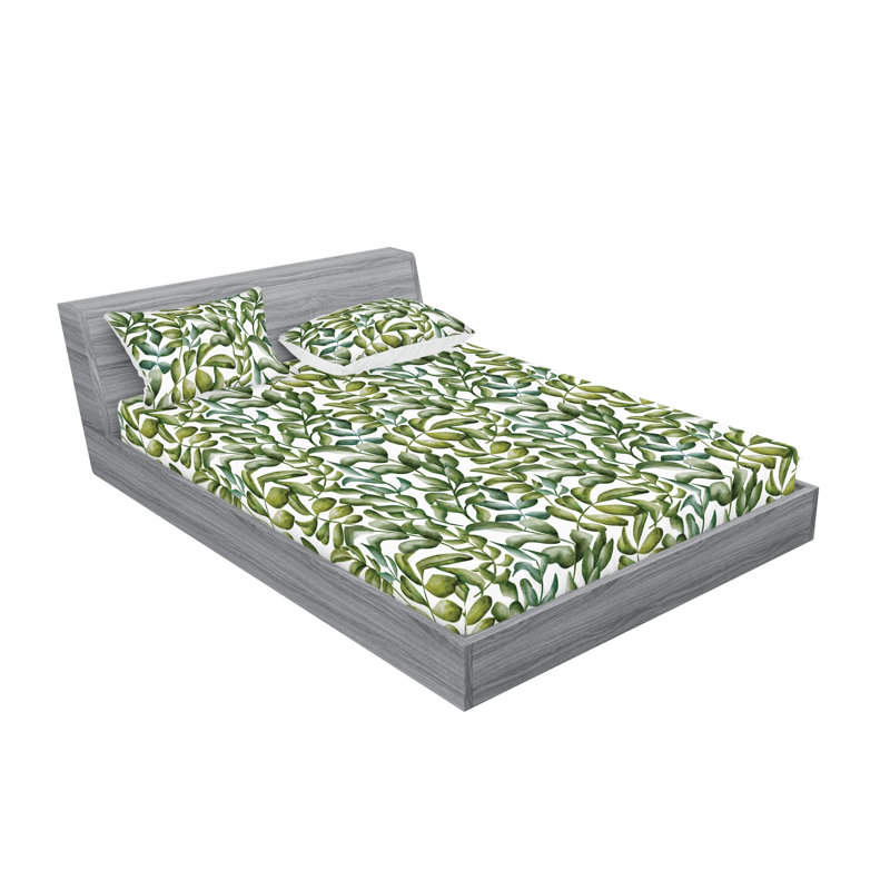 Drap-housse et taies décoratives 3 pièces Ambesonne, Vert olive, kaki, blanc / floral