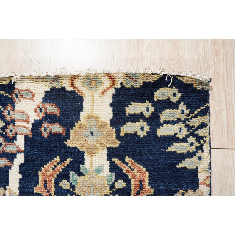 5x8 Blue Hand-Knotted Wool Floral Pomegranate Columns Geometric Modern Contemporary Carpet Rug