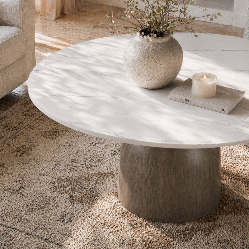 Table basse ronde Meranda avec piédestal en bois massif noyer, H 17,4 po x L 41,73 po x l 41,73 po, Blanc doux, Dark Brown