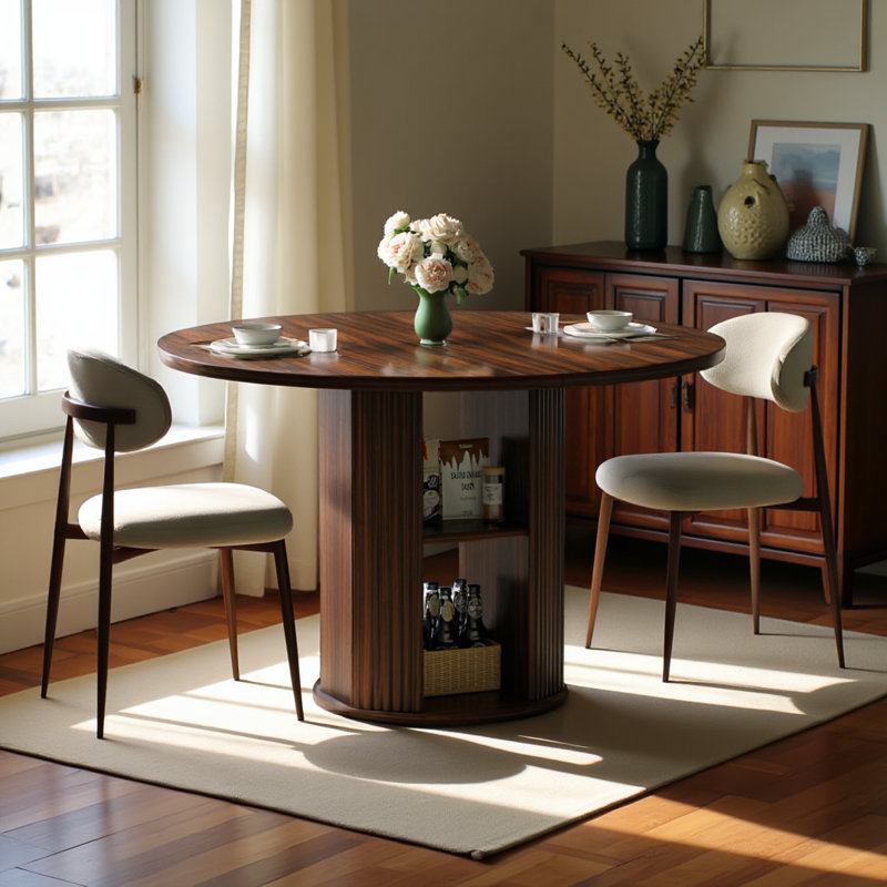 47.24" Round Dining Table (serves 2–4) With Two Dining Chairs Blends Modern And Farmhouse Styles, Featuring A Double-tiered Storage Shelf, Suitable For Dining Rooms Or Living Spaces.walnut