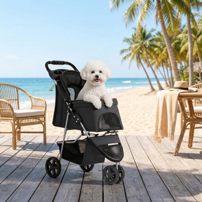 Poussette pliable pour animaux de compagnie avec housse de protection contre les intempéries; configuration à trois roues pour petits et moyens chiens et chats; comprend un panier de rangement et un porte-gobelet; comporte un filet transparent et respirant pour une utilisation toute l'année; Finition noire.