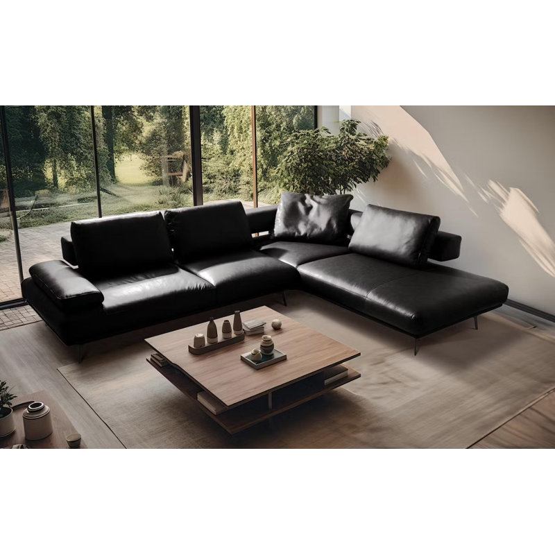 Trumansburg Power Reclining Corner Sofa in Genuine Leather, Right Hand Facing, Black