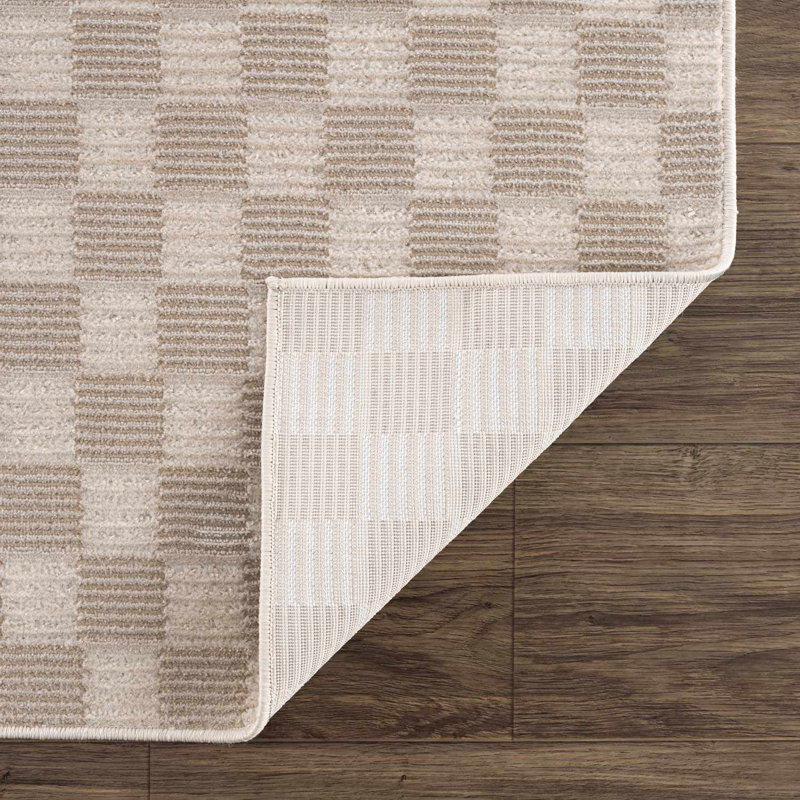Kwan Machine Washable Modern Geometric Beige Area Rug, Rectangle 6'7" x 9'