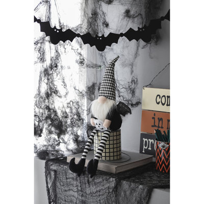 Ensemble de 2 gnomes noirs assis en tissu 4,3 po x 3,5 po x 23,5 po avec ailes et chapeau écossais noir blanc, pour la décoration d'Halloween