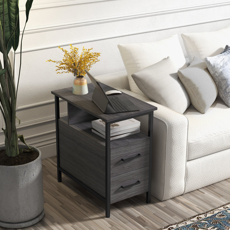 End Table with Charging Station, Narrow End Table with 2 Wooden Drawers, Dark Gray