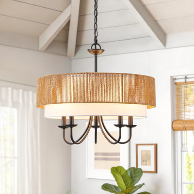 Luminaire suspendu candélabre en rotin 5 lumières avec diffuseur