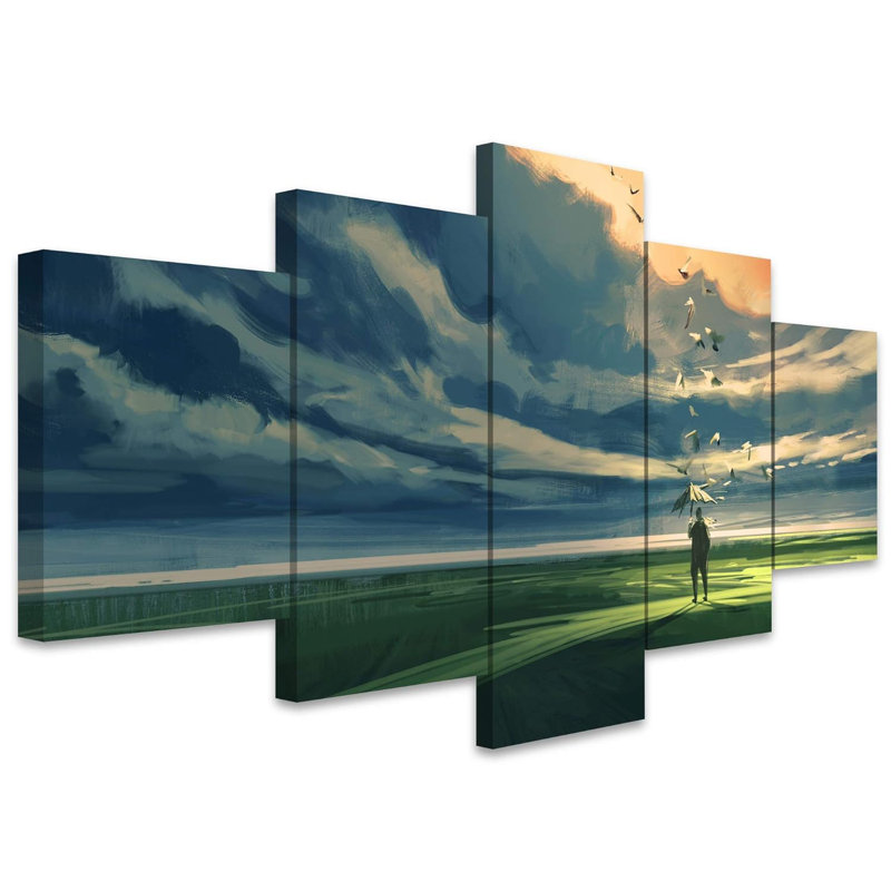 Homme tenant un parapluie debout seul regardant l'horizon nuageux 5 pièces