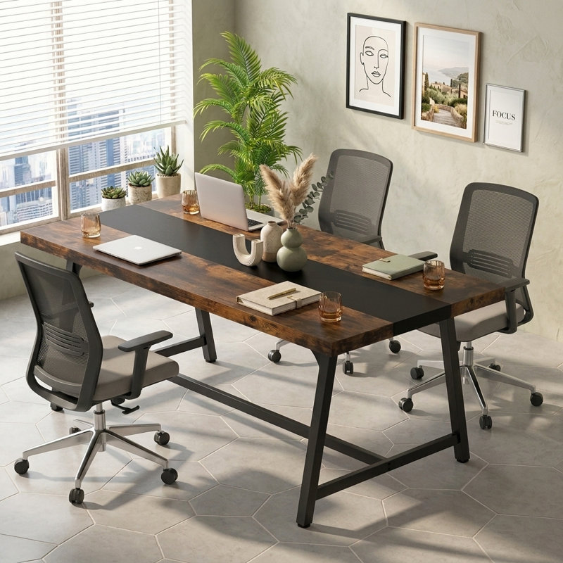 Table de conférence rectangulaire moderne pour 6 à 8 personnes, Brown+Black/Black