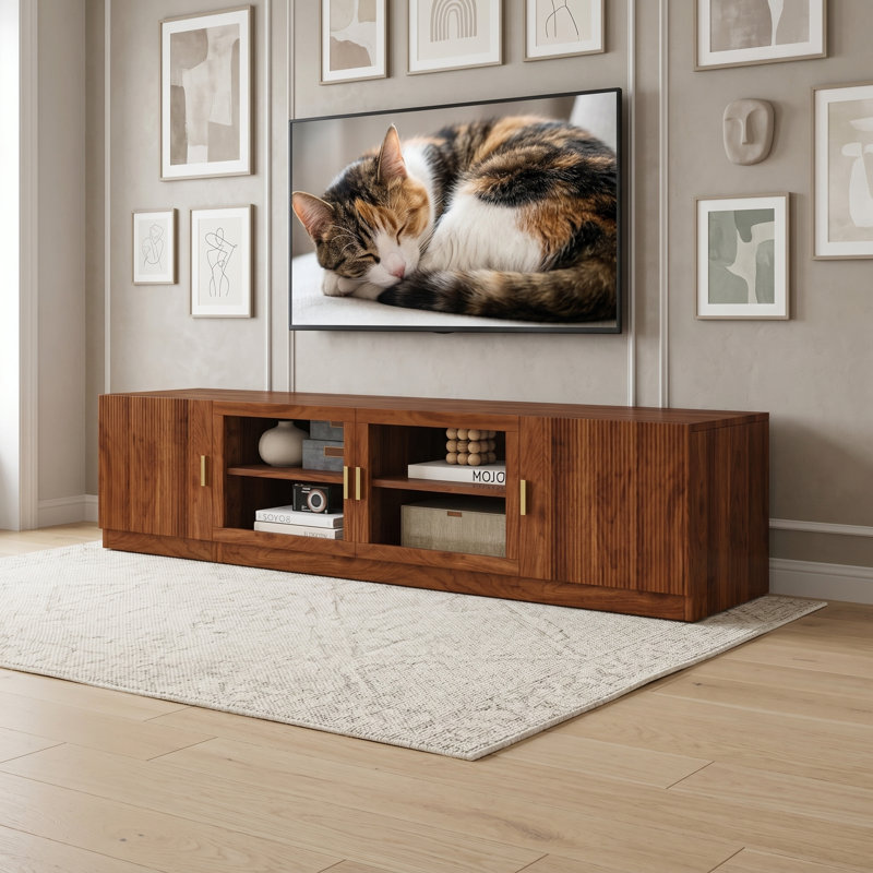 Meuble télé Mid-Century avec lumières DEL, armoires à façade en verre, tablettes réglables et système de gestion des câbles