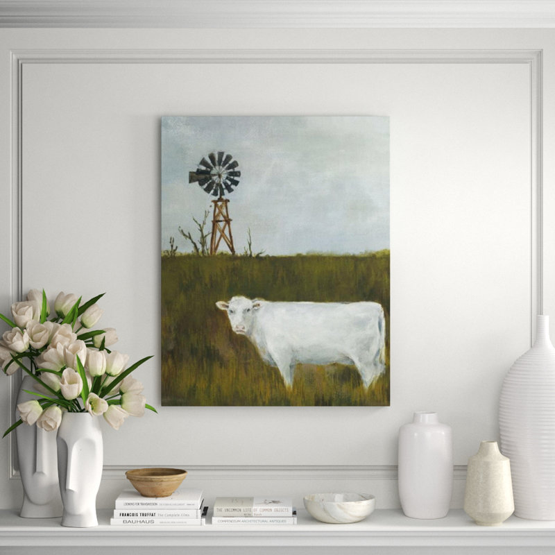 White Cow And Windmill Painting by Sara Brown, Glass Coat, 38" H x 30" W x 1.5" D
