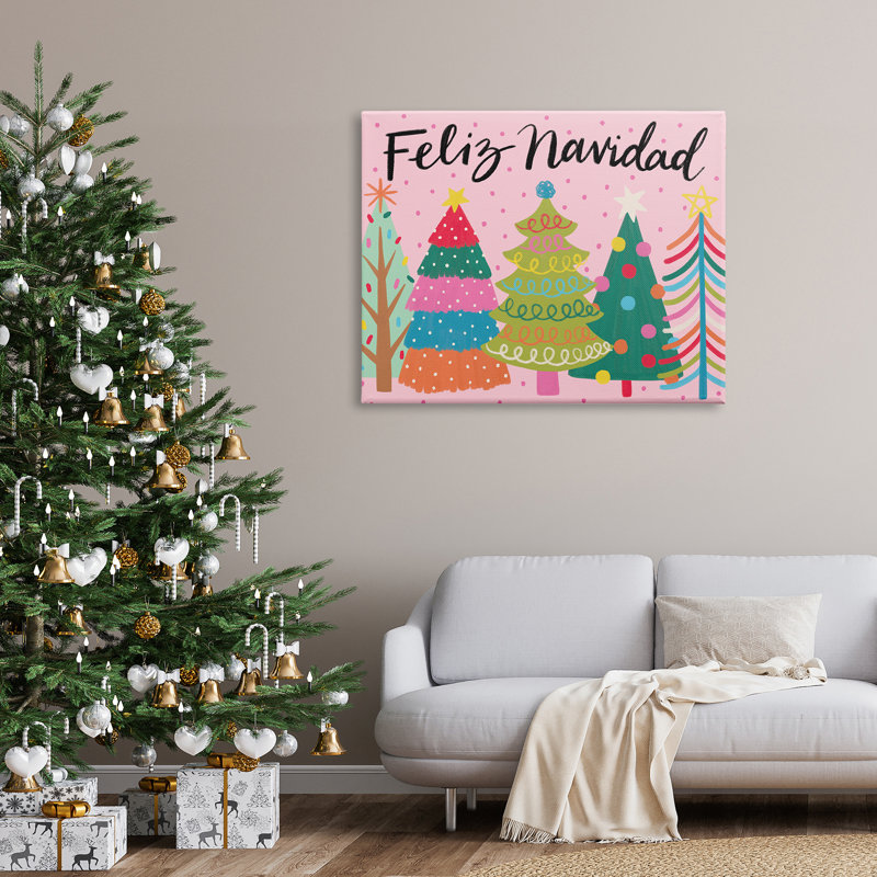 Ornements d'arbre de Noël à motifs fantaisistes Feliz Navidad, estampe numérique encadrée noire, art texturé par Deborah Curiel