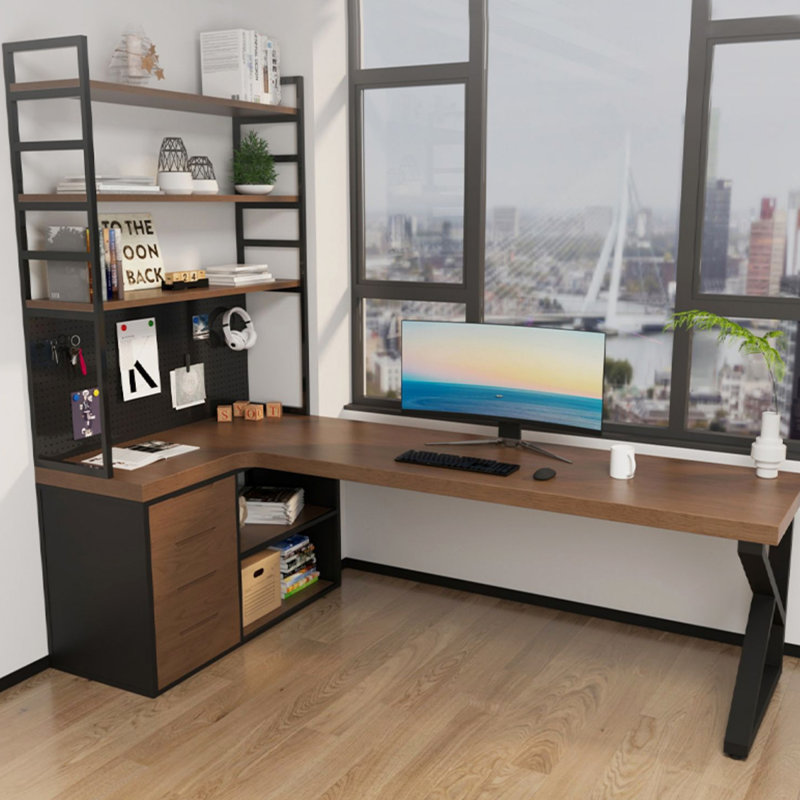 Bureau en L en bois massif avec bibliothèque intégrée, H 82,68 po x l 55,12 po x P 47,24 po