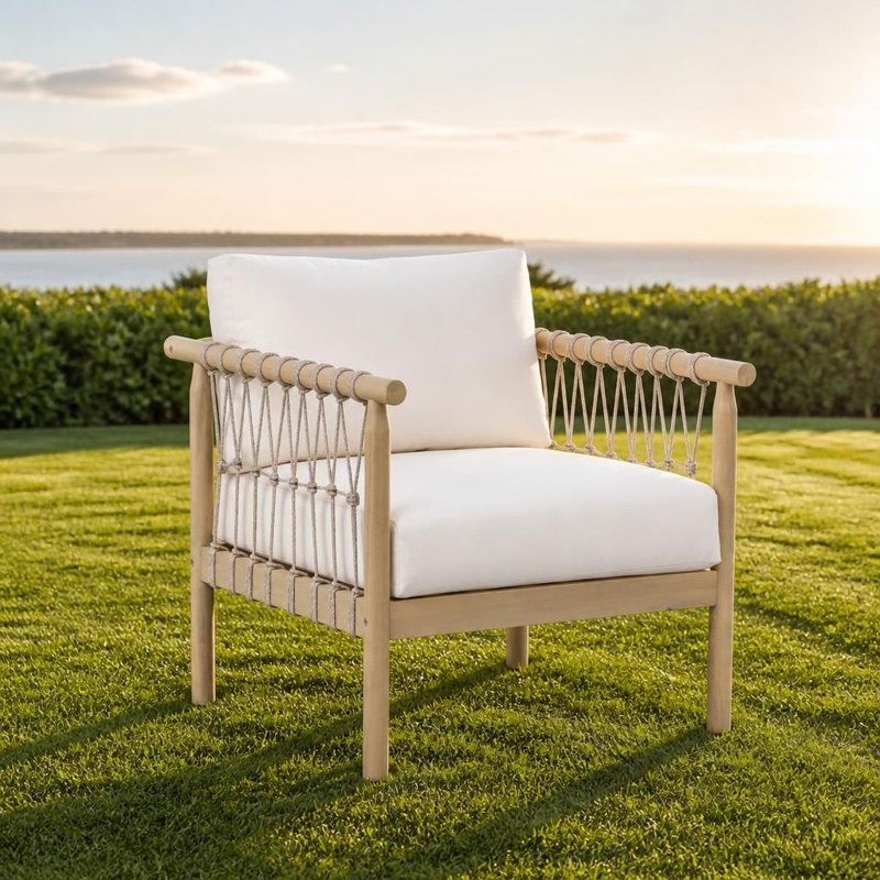 Oversized Outdoor Lounge Armchair with Woven Rope Armrests, Solid Acacia Wood Frame, Thick Padded Cushions, Weather-Resistant Patio Seating
