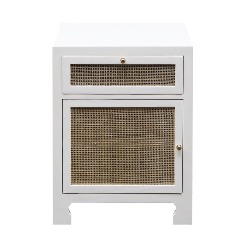 Elegant Freestanding White Cabinet with Adjustable Shelving and Brass Accents