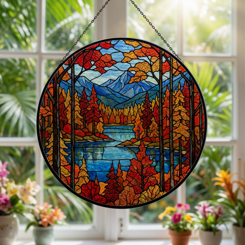 Panneau de vitrail 12 "H Autumn Landscape, H 12 po x l 12 po