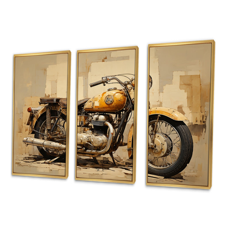 Minimalisme Moto IV - Ensemble de décoration murale moto, Cadre flottant doré, H 28 po x l 36 po x P 1 po