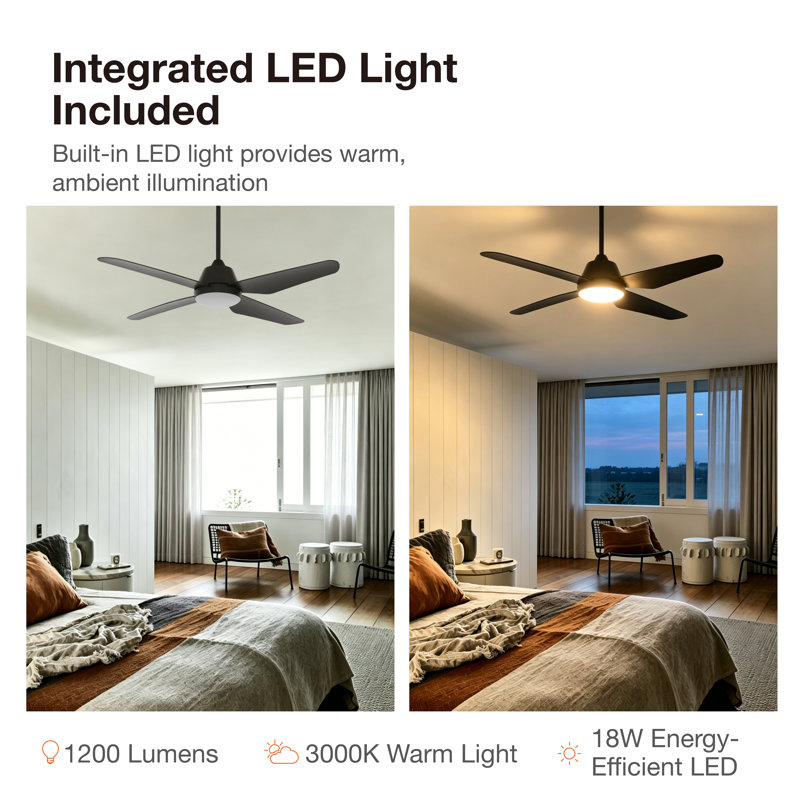 Aria 52in 4-Blades Indoor/Outdoor Ceiling Fan with Remote Control and Light, Black