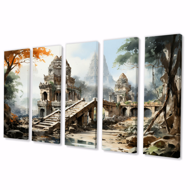 Tombeaux anciens du Vietnam - sépia - décoration murale Vietnam - 5 panneaux égaux
