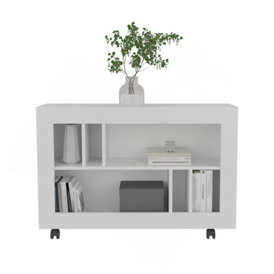 37,4" Wide Console Table Cart With Six Shelves, Casters, Entryway Table, Side Table, Living Room Table, For Living Room White
