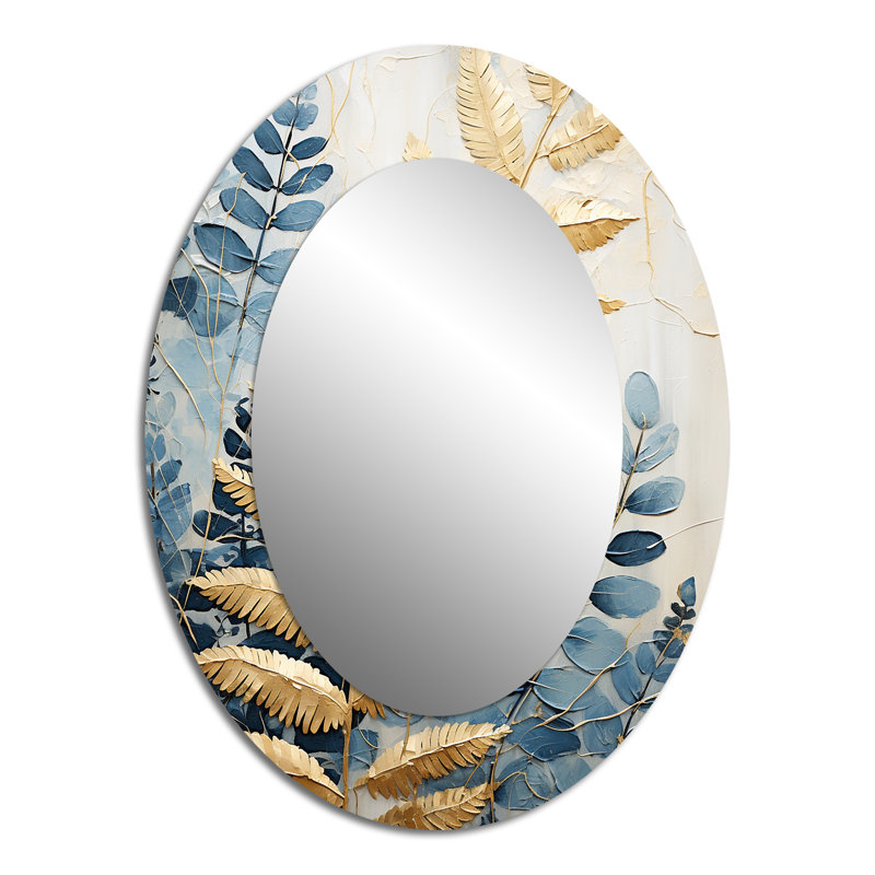 Fougère bleue et dorée Symphonie IV - Miroir décoratif floral ovale sur métal, 40 po x 30 po