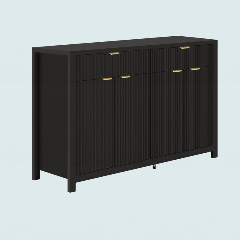 Buffet moderne à motif de vagues avec 2 tiroirs et 4 portes, 3 tablettes réglables, Noir