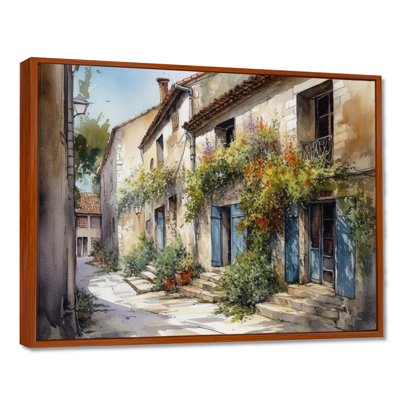 Riata, village méditerranéen, rue V - Paysage, art mural chalet, H 34 po x l 44 po x P 1,5 po, Cadre flottant brun
