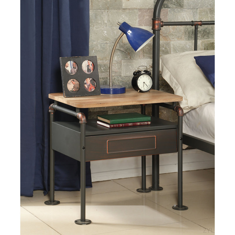 Table de chevet finition chêne antique et gris sablé