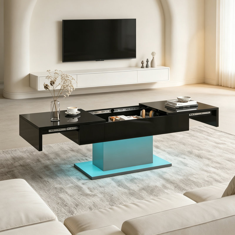 Budwin High Gloss LED Coffee Table with Storage & Sliding Top, Black