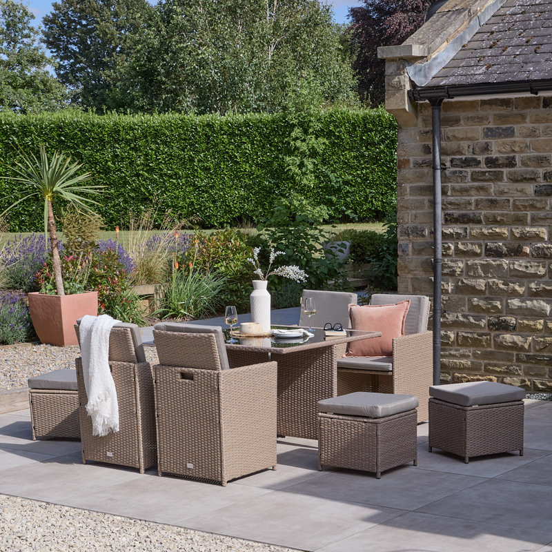 Quilla All Weather Wicker/Rattan 8 - Person with Cushions, Brown with Grey Parasol, Yes