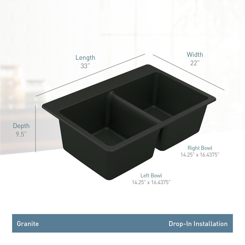 Host 33-Inch Wide x 9.5-Inch Deep Dual Mount Granite Double Bowl Kitchen Sink, Black