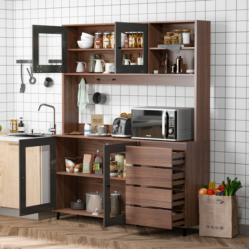 Arli 76.8" Kitchen Pantry Cabinet with Glass Doors, Drawers, and Open Shelves – Multi-Color Storage Hutch for Dining Room