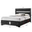 Lit plateforme contemporain pour grand lit avec accents argentés chatoyants, tiroirs de rangement, finition noire, bois massif, aspect de fabrication de tiroir, rangement, bois
