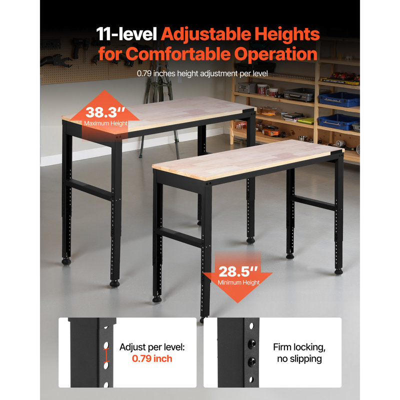Adjustable Workbench, 2000 lbs Capacity, 48 x 20-inch Heavy-Duty Work Bench with 28.5-38.3 Inches Height Adjustment, Garage Workbench with Power Outlets, Garage, Workshop, Suitable for Office