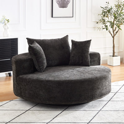 55''L Chenille Foam Swivel Sleeper Chair, Fluffy Modern For Bedroom, Lounge, Projection Room, 360 Degree Spin, Extra Cylindrical Pillow, Black Rotatable Degree,