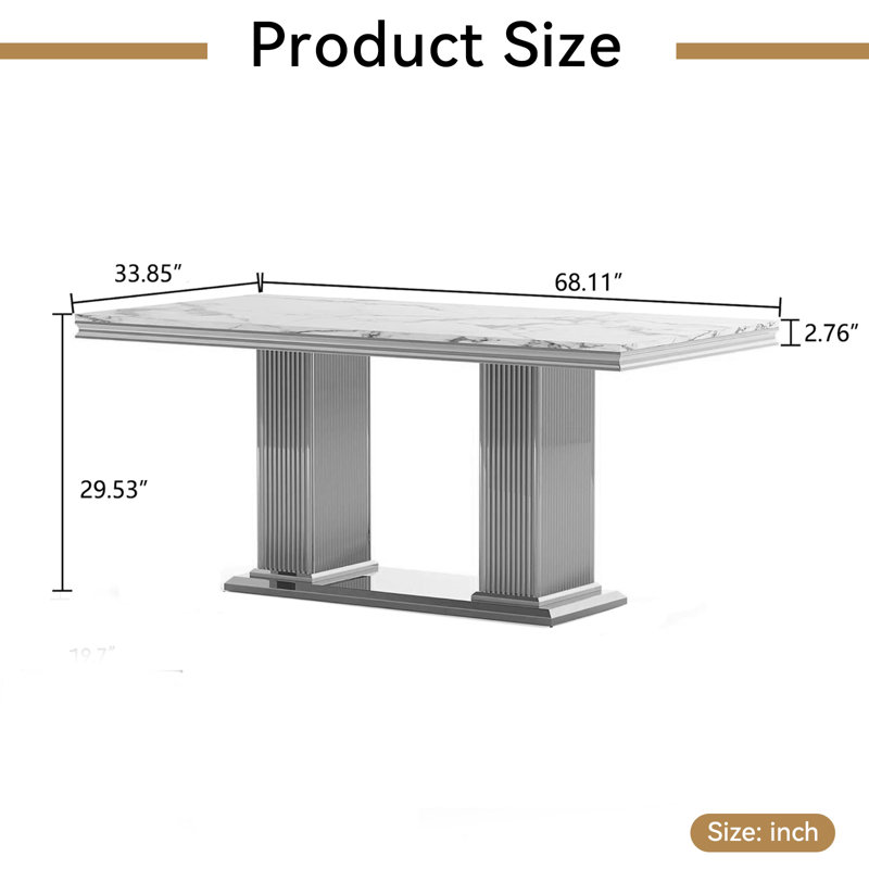 68.11" Marble Dining Table for 6-8, Modern Rectangular Kitchen Table with Faux Marble Top, Modern Dining Room Table with Stainless Steel Base for Kitchen Dining Room
