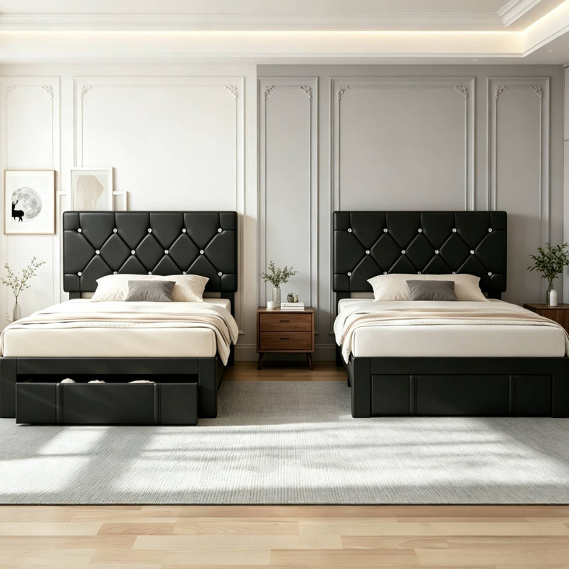 Ensemble de 2 têtes de lit simple tapissier à hauteur réglable avec tiroir et lit simple noir, Noir