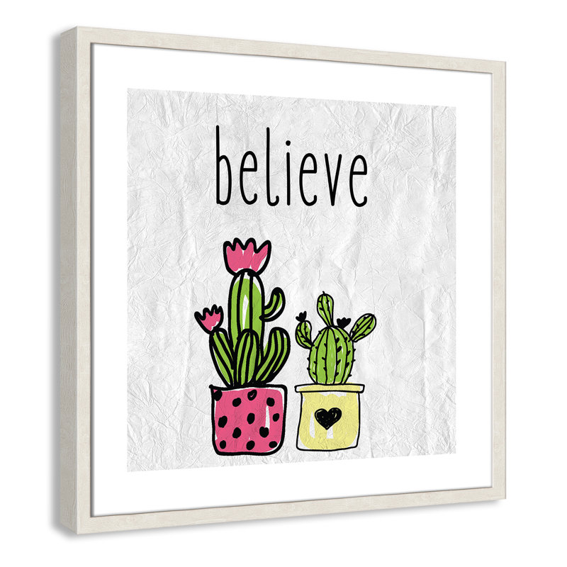 Cactus B, art encadré, 22.5" H x 22.5" W x 1.18" D, Encadré de boîte à grain de bois blanc