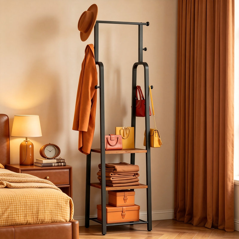 Porte-chapeaux style industriel en lichen, couleurs rétro brun et noir, rangement à trois couches + huit crochets, rangement multi-scène pour vêtements, chapeaux et sacs