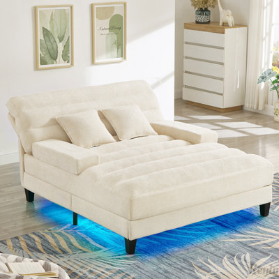 57.1" Sofa Bed Chenille Upholstered Chaise Lounge Sofa with Adjustable Backrest and LED Light Strip
