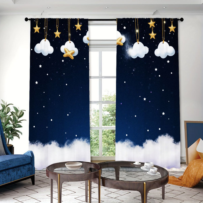 2PCS Dreamy Cloud Starry Sky Pattern Light Filtering Curtains, Cute Hanging Stars and Clouds Decor, Easy Hang Rod Pocket Design, All-Season for Teens Bedroom Dormitory Living Room Decoration
