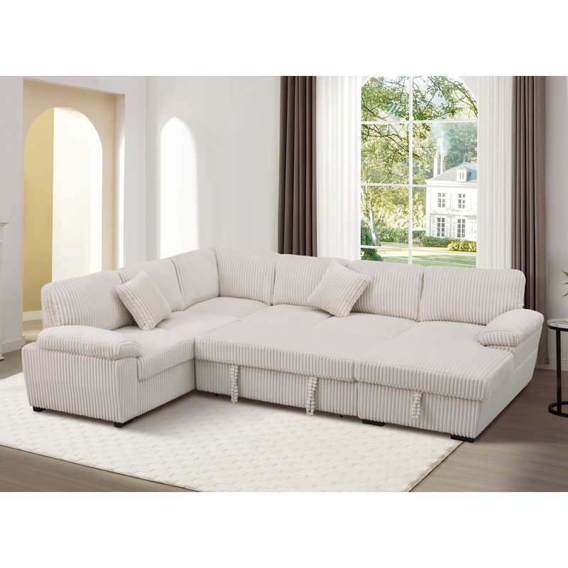 Canapé modulaire en velours côtelé de 117,75 po avec méridienne et rangement, Beige