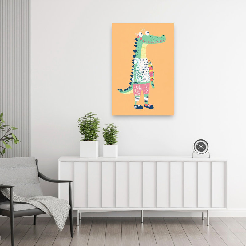 Playful Croc In Outfit Modern Alligator Crocodile Wall Art Print 1 Piece Wrapped Canvas Wall Art, 91.44cm H x 60.96cm W