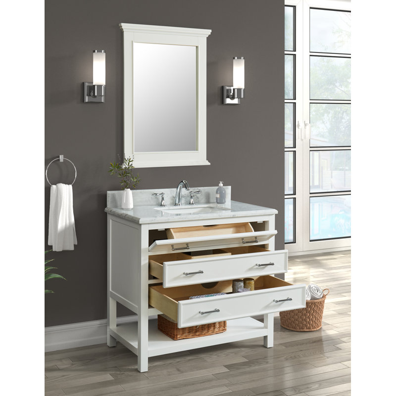 Meuble-lavabo simple 36 po Manhattan avec plateau en marbre de Carrare, pré-assemblé, Blanc