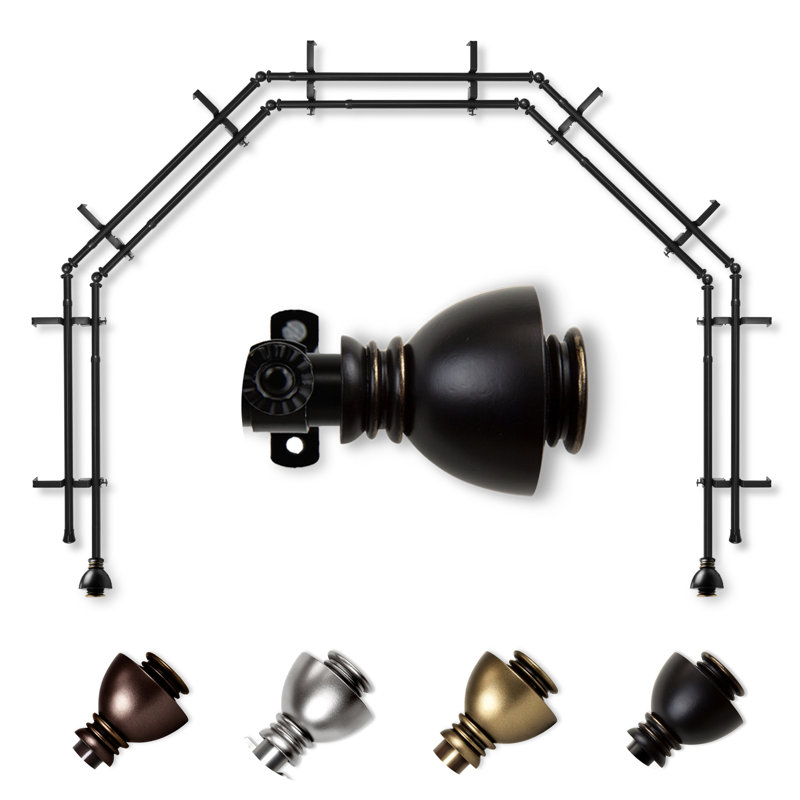 Alma Steel Adjustable 28'' to 48'' 0.81'' Bay Window Double Curtain Rod, Black