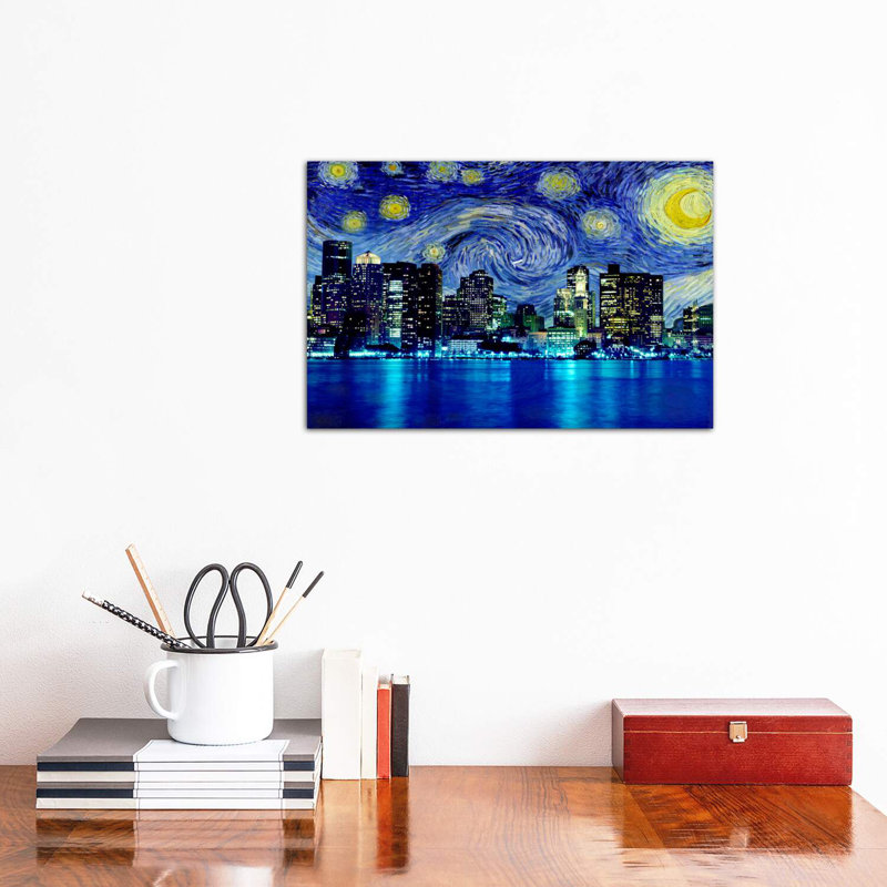 Boston, Massachusetts, nuit étoilée, impression d'art graphique, H 40 po x l 60 po x 1,5 po, Toile tendue