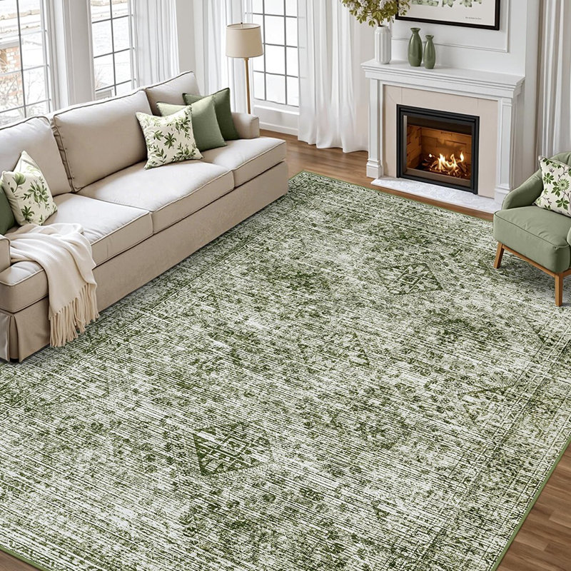 Tapis Boho - vert - grand tapis lavable à poils courts pour le salon, la chambre à coucher, la salle à manger ou la cuisine, tapis antidérapant doux et résistant aux taches