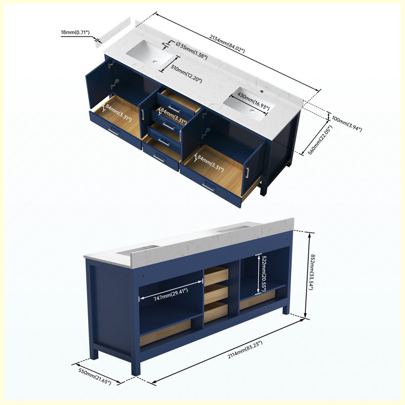 Meuble-lavabo autoportant moderne 83 po avec lavabo double 83 po avec lavabo intégré et trous pré-percés