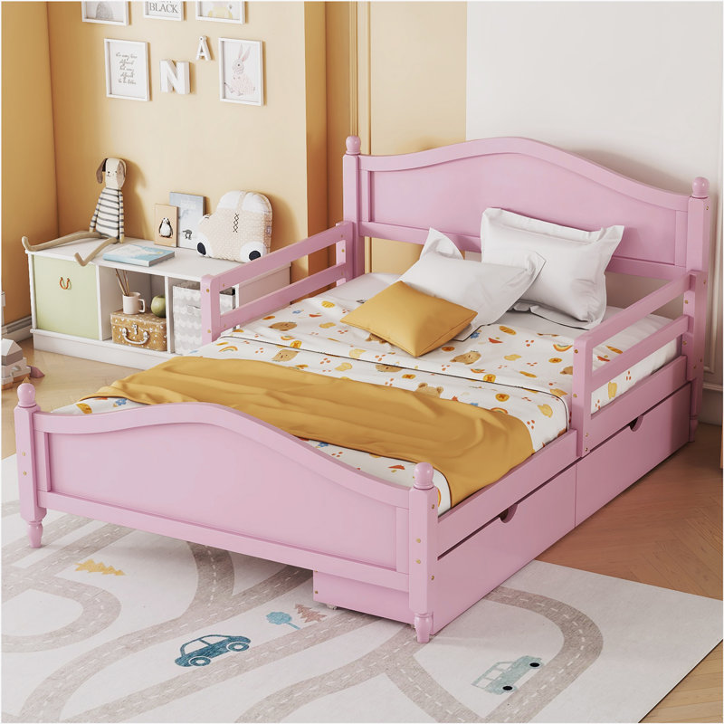 Wood Platform Bed with Guardrails on Both Sides and Two Storage Drawers ,Pink, Full