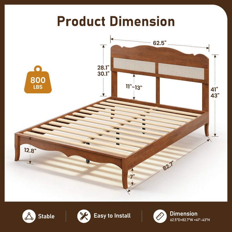 Retro Rattan-wood Blend Solid Rubber Wood Curved Bed Frame With Tool-free Hook And Loop Fastener Assembly & One-piece Silent Support Structure