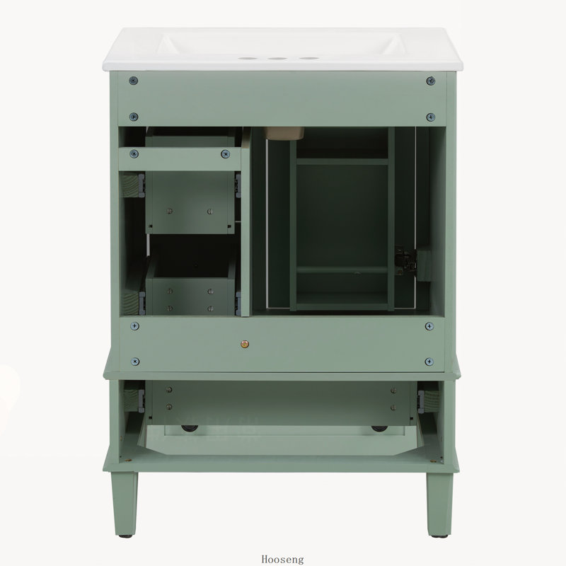 Meuble-lavabo vert clair 24 po avec lavabo intégré en céramique, tablette à double couche et tiroirs à fermeture en douceur